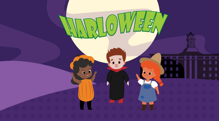Three cartoon characters with the word "Harloween" above them.