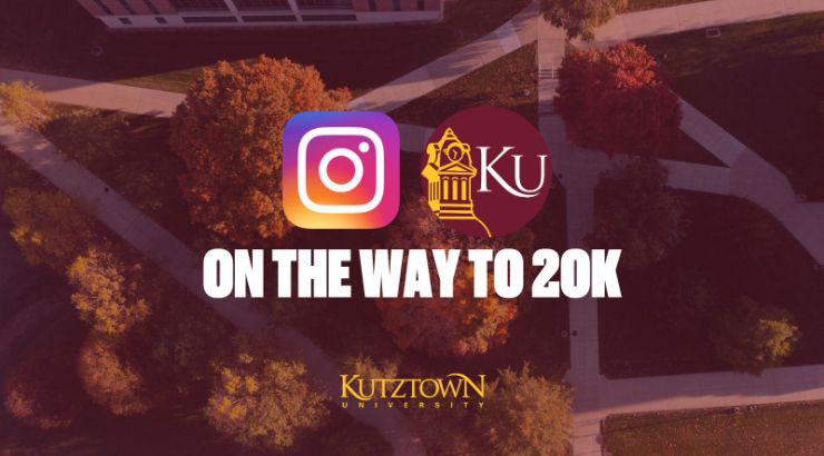 drone view of campus trees with text layover stating "on the way to 20k" Instagram logo, Kutztown University logo 