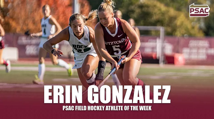 Action photo of Gonzalez, with text, "Erin Gonzalez, PSAC Field Hockey Athlete of the Week"