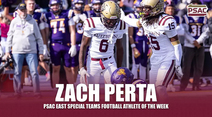 Graphic of football player, with text, "Zach Perta, PSAC East Special Teams Football Athlete of the Week," with PSAC logo in corner