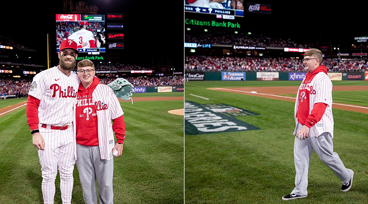 Photo of Luke Theodosiades with Phillies player Bryce Harper and a second photo of Luke on the field.