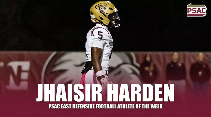 Harden on field, with text, "Jhaisir Harden, PSAC East Defensive Football Athlete of the Week," with PSAC logo in corner