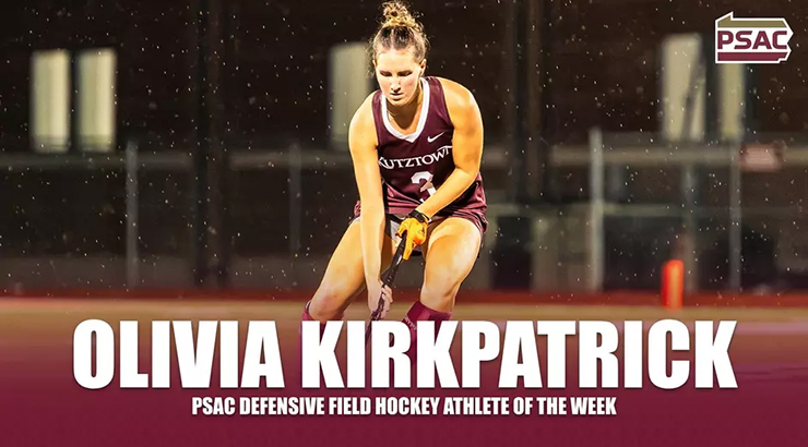 Player on field, with text, "Olivia Kirkpatrick, PSAC Defensive Field Hockey Athlete of the Week," with PSAC logo in top-right corner