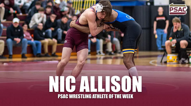 Wrestler on mat, with text, "Nic Allison, PSAC Wrestling Athlete of the Week," with PSAC logo in top-right corner