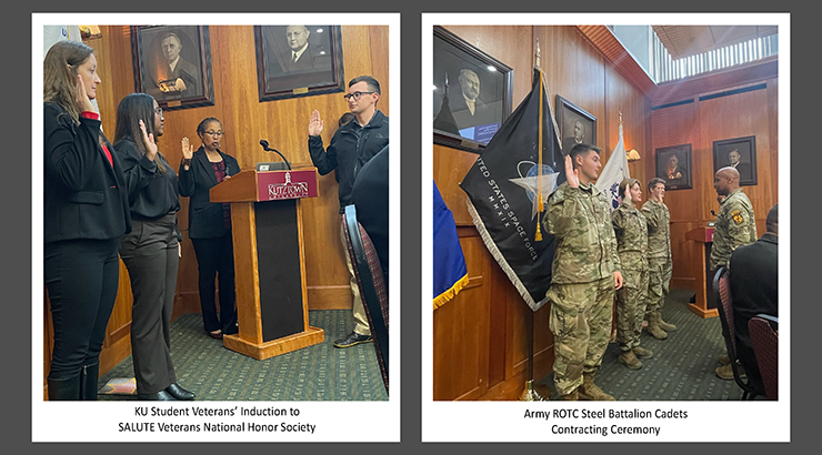 Side-by-side photos of induction ceremonies. Left: KU Student Veterans' Induction to SALUTE Veterans National Honor Society. Right: Army ROTC Steel Battalion Cadets Contracting Ceremony.
