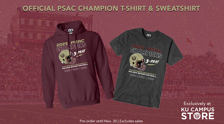 Graphic of two apparel items, with text, "Official PSAC Champion T-Shirt & Sweatshirt," Exclusively at KU Campus Store