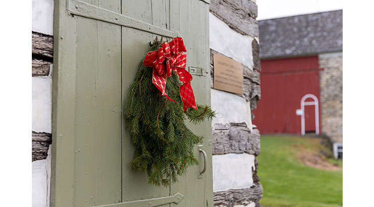 Decorative wreath on farm door