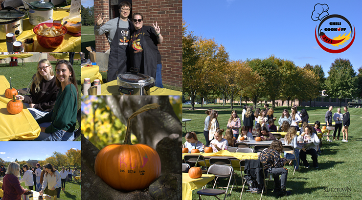 people eating chili, pumpkins, crock pots of chili