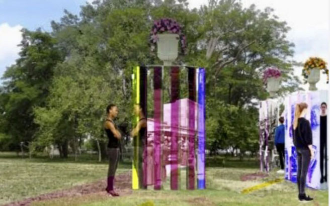Photo from East New York News of DeSiano mirrored photo-sculpture in Lower Highland Park