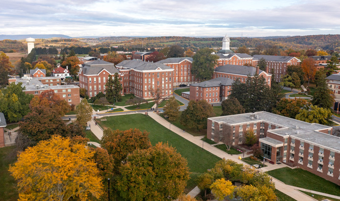 overhead drone photo of campus in the fall