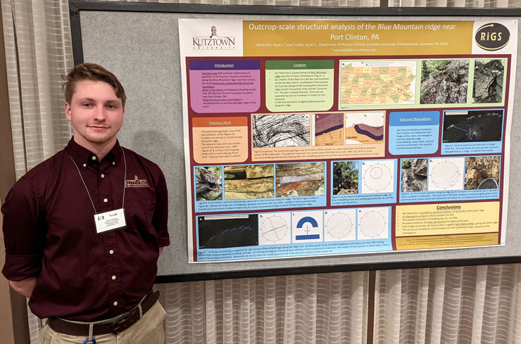 Noah Workman smiling and standing next to KU geology announcement board 