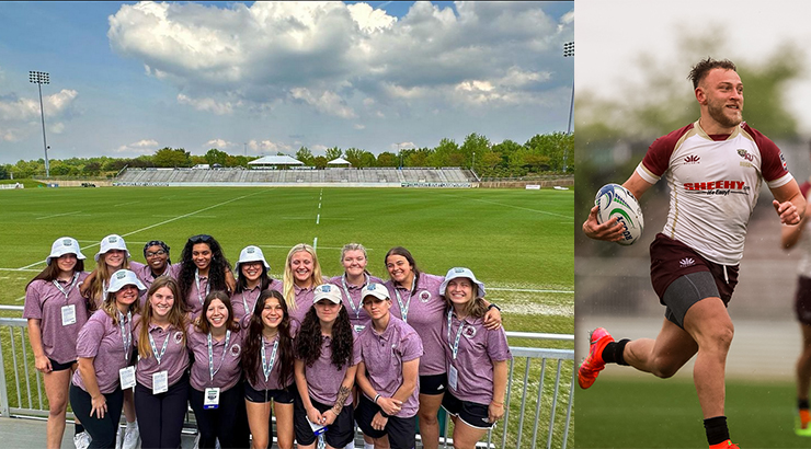 Women's Rugby Team on left; Men's rugby player running on right