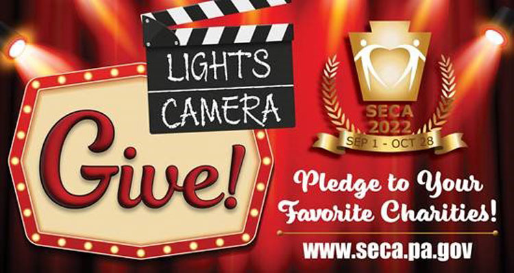 poster text: Lights Camera Give! Pledge to Your Favorite Charities! www.seca.pa.gov