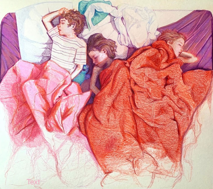 colored pencil drawing of three children asleep on a messy bed 
