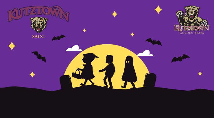 Silhouette of three trick or treaters against a yellow moon and purple sky filled with stars and bats. KU SACC and KU Golden Bears logos.