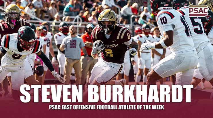 Graphic of football player with text, "Steven Burkhardt, PSAC East Offensive Athlete of the Week"