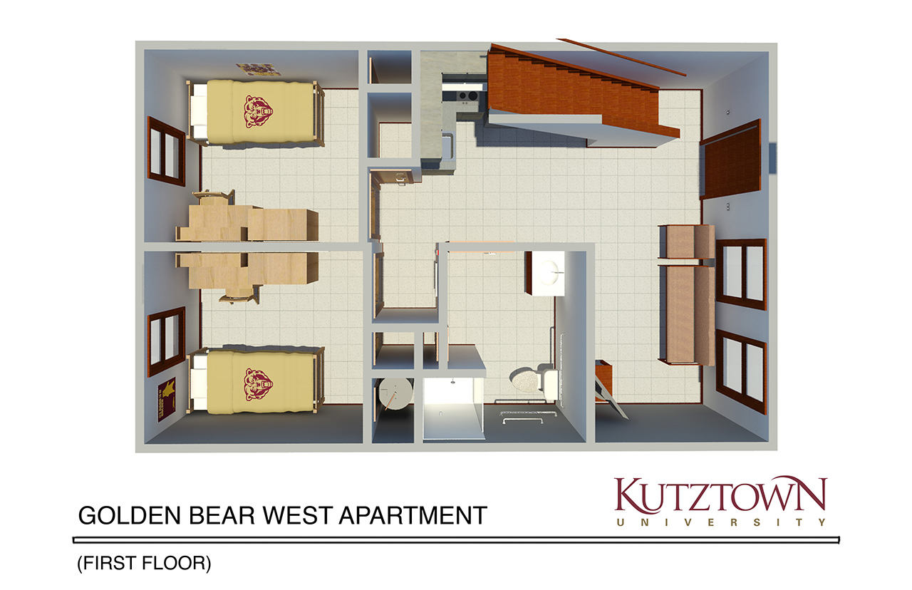 Golden Bear Village West apartment first level map, with a kitchenette, living area, two single bedrooms and one full bathroom 