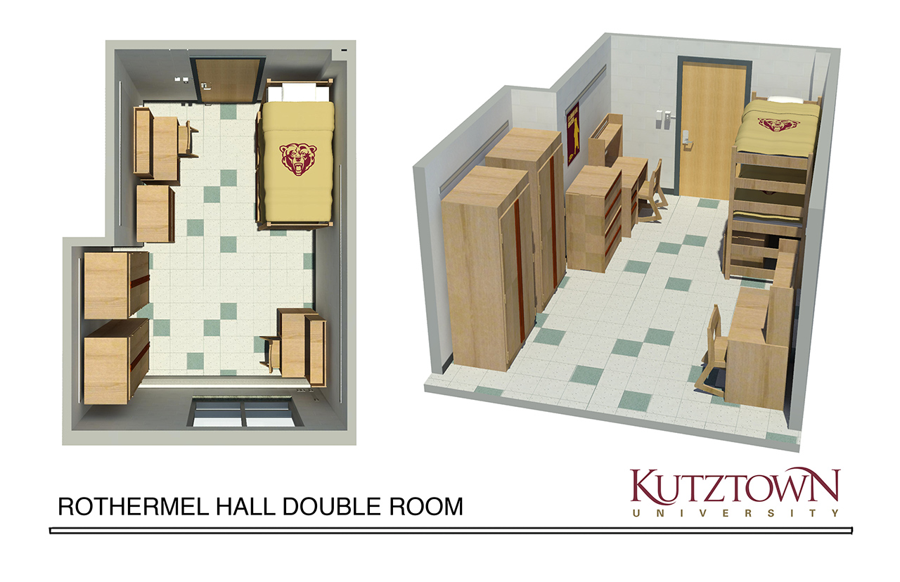 Overhead and side view maps (side-by-side) of a Rothermel Hall double dorm room with one bunk bed, two desks, and two dressers