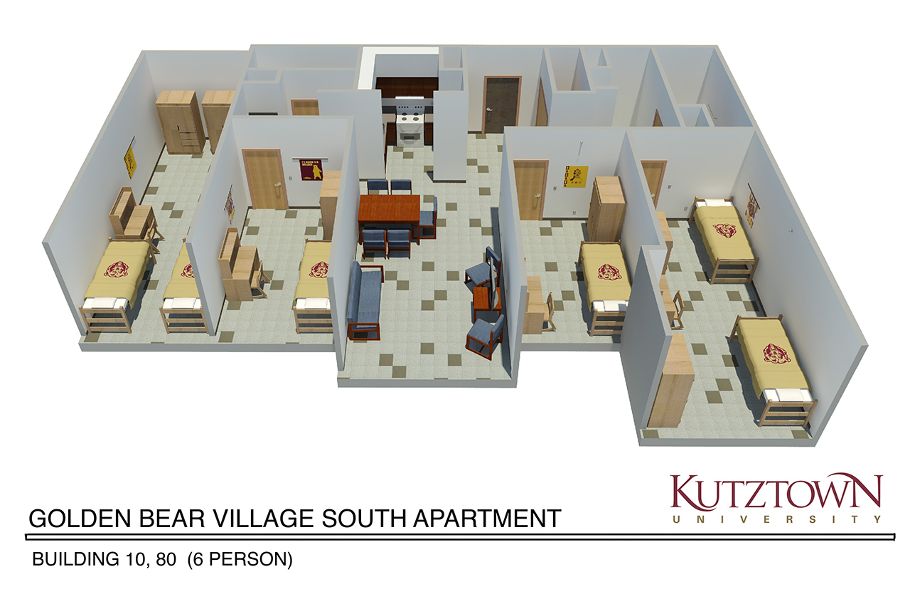 Side view map of Golden Bear village south apartment with two double bedrooms, two single bedrooms, two bathrooms, a living area and a kitchenette  