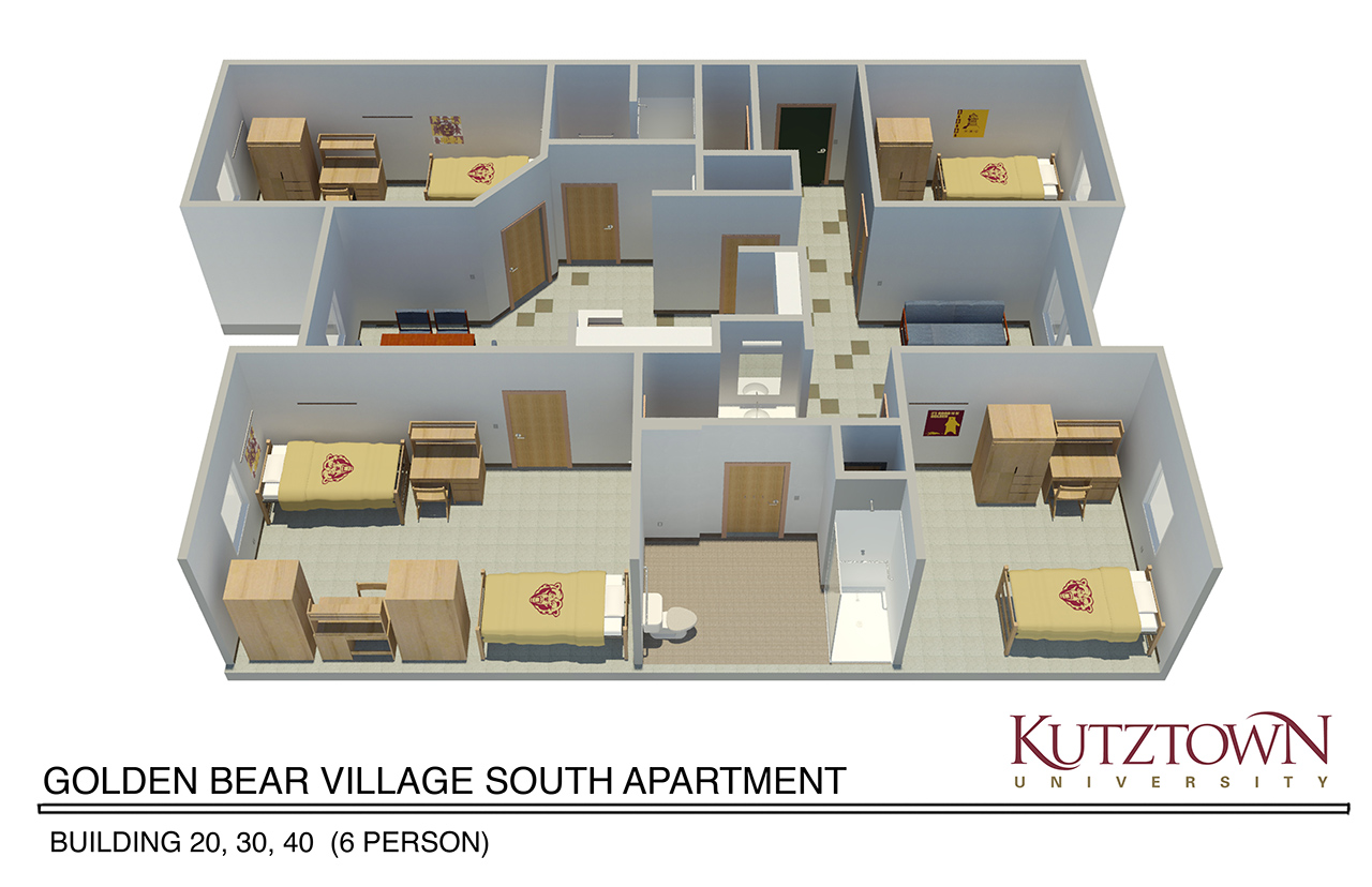 Side view map of Golden Bear village south apartment with two double bedrooms, two single bedrooms, two bathrooms, a living area and a kitchenette  