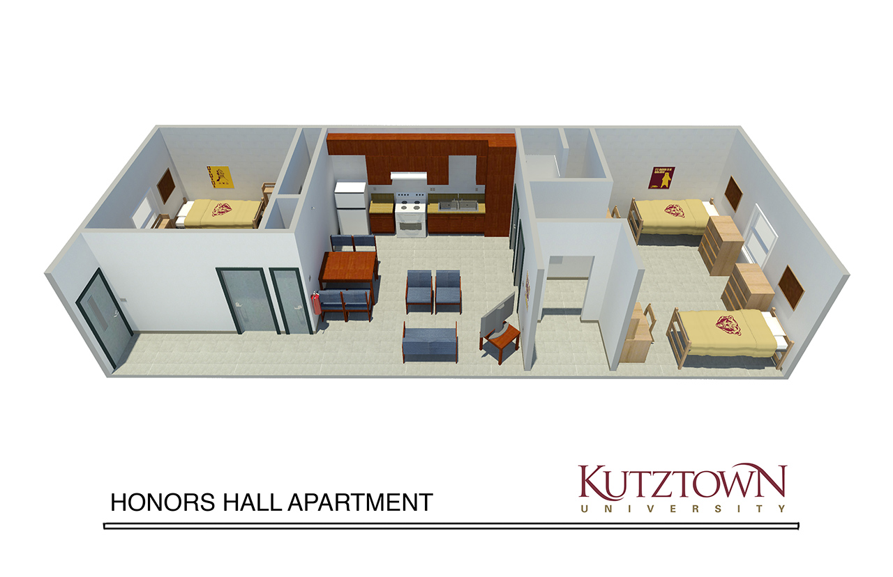 Honors Hall apartment layout sideview, exposing living room furniture including two armchairs, a tv and a couch, as well as a dining table next to the kitchen