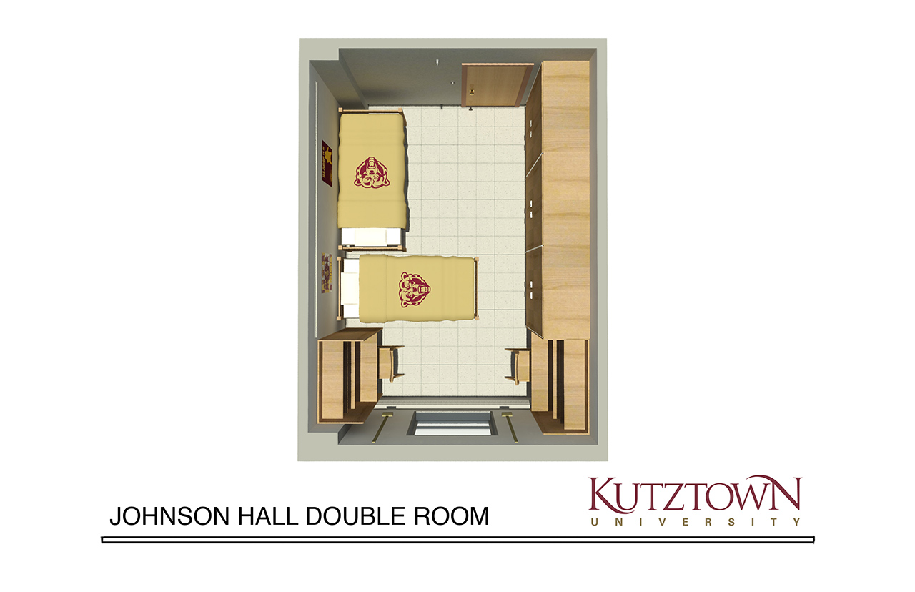 Double dorm room layout map with two beds, two desks, and two dressers