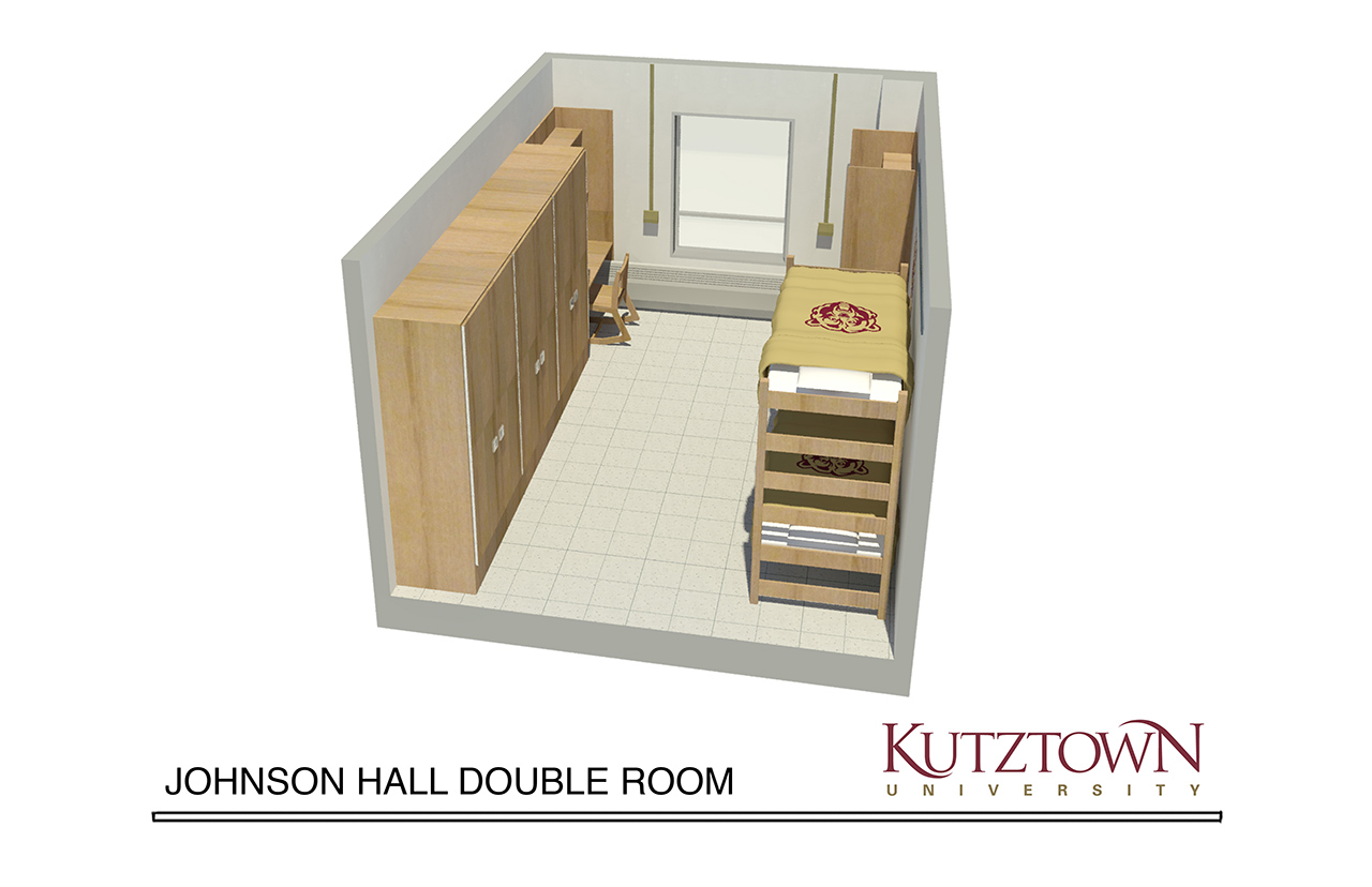 Double dorm room layout map with one bunk bed, two desks and two dressers