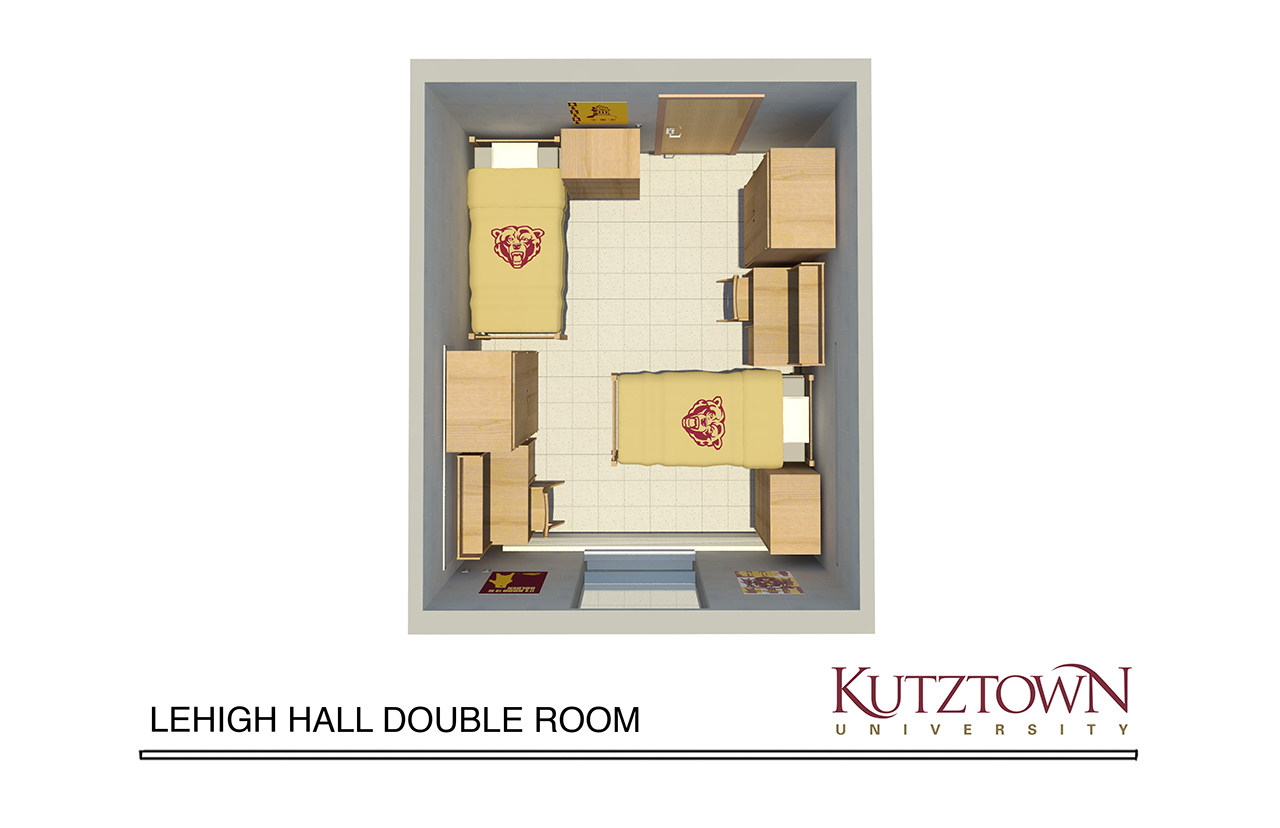 Double dorm room layout with two beds, two dressers, two nightstands, and two desks