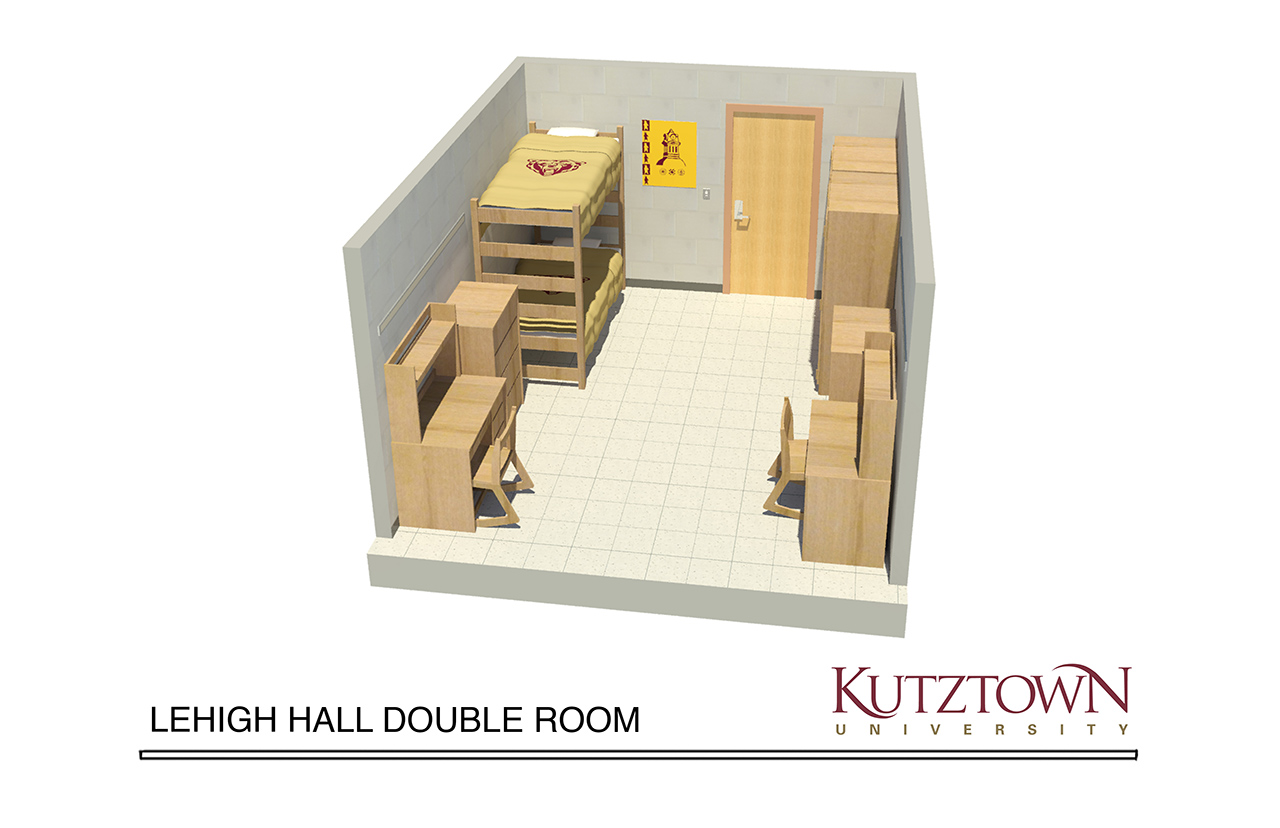 Double dorm room layout map with one bunk bed, two dressers, two desks and two nightstands 