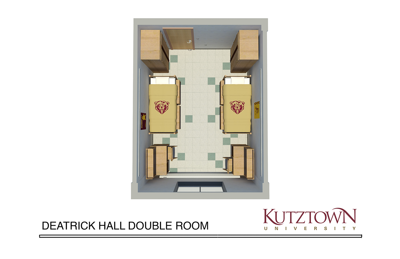 Overhead map of Deatrick hall double dorm room with two beds, two dressers, and two desks 