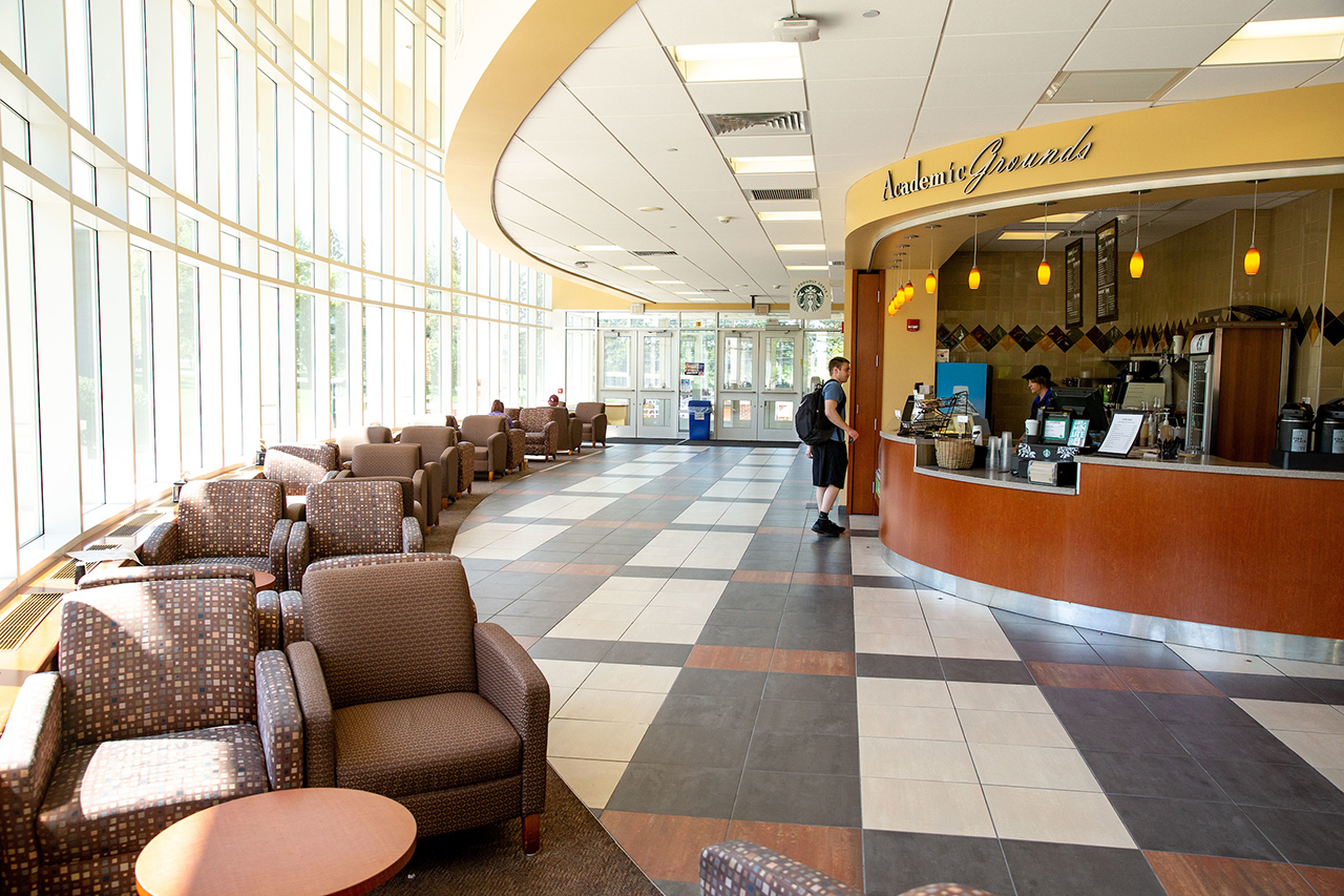 Interior of the Academic Forum front lounge, in front of the Academic Grounds coffee stand