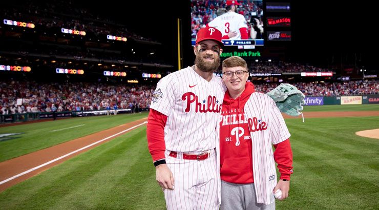 Luke Theodosiades with Phillies' Bryce Harper at Citizen's Bank Park