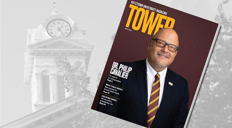 2025 Tower Magazine cover, featuring Philip Cavalier cover story, female student in silhouette looks in the eye piece of the Observatory's telescope, over a black and white view of the Old Main clock tower.
