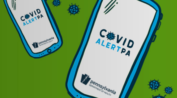 Graphic: mobile phone display wiht Covid Alert Pa App open