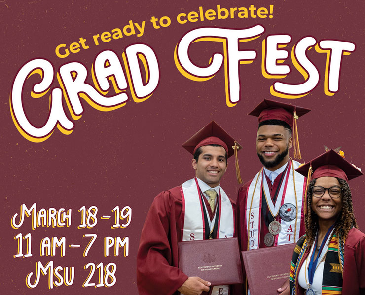 "Get Ready to Celebrate Grad Fest" "March 18-19, 11 am-7 pm MSU 218" with three smiling graduates in caps and gowns holding diplomas.