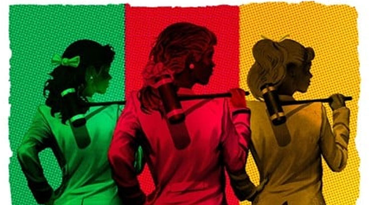 Poster for Heathers, showing three silhouettes of heathers holding croquet mallets with multi-color backgrounds.