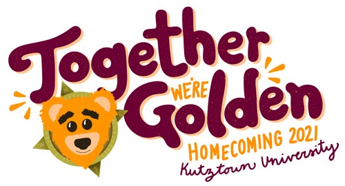 Cartoon image of a golden bear head with the text Together We're Golden Homecoming 2021 Kutztown University against a white background