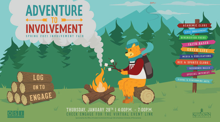 Graphic promoting involvement fair.  Contains text "Adventure to Involvement, Spring 2021 Involvement Fair" with a cartoon of Avalanche roasting marshmallows.  Additional text: "log on to engage, Thursday, Jan. 28, 4-7 p.m., check engage for the virtual event link"