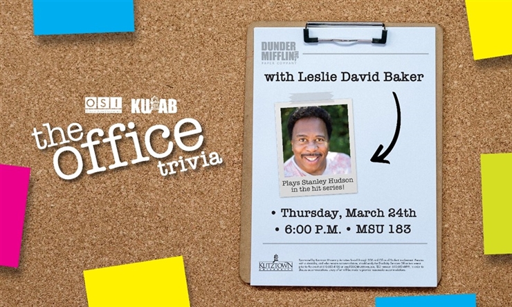 Graphic collage for Office trivia. OSI and KUAB sponsor the Office Trivia with Leslie David Baker, plays Stanley Hudson in the hit series.  Thursday, March 24th, 6 p.m. MSU 183.
