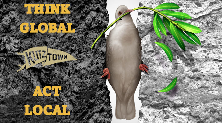 Social work Forum Logo and poster - reads "Think Global, Act Local" with a KU banner on one side, and a bird holding a branch in its beak on the other side.