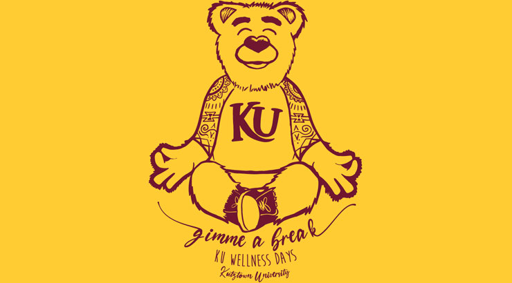 Graphic that reads "gimme a break, KU Wellness Days, Kutztown University" drawing of a bear in a KU shirt meditating