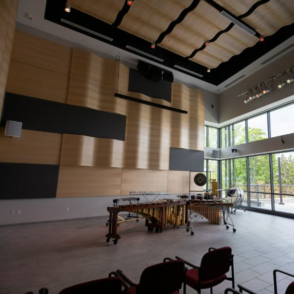 classroom inside Wells-Rapp with percussion instruments and seating