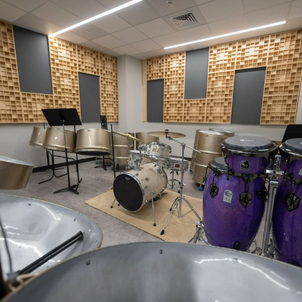 room inside Wells-Rapp center with percussion sets