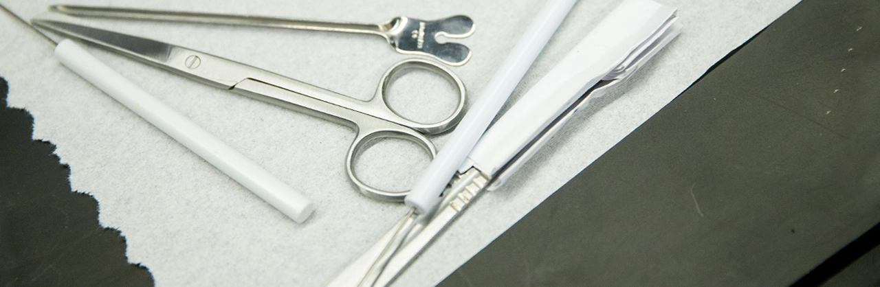 Biology tools on a towel on a counter