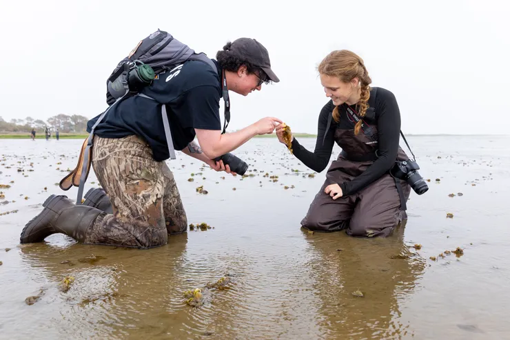 two students examining research samples in shallow water