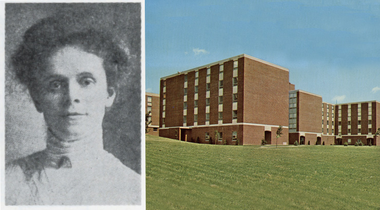 Yearbook photo of Lillian Johnson and Johnson Hall circa 1970s