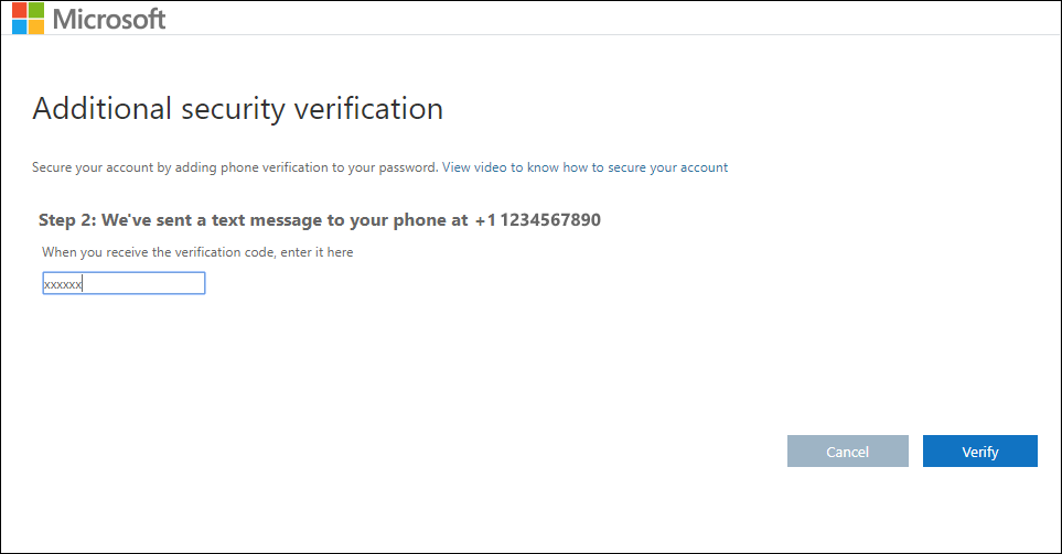Additional security verification screen where you input the code texted to your mobile device.