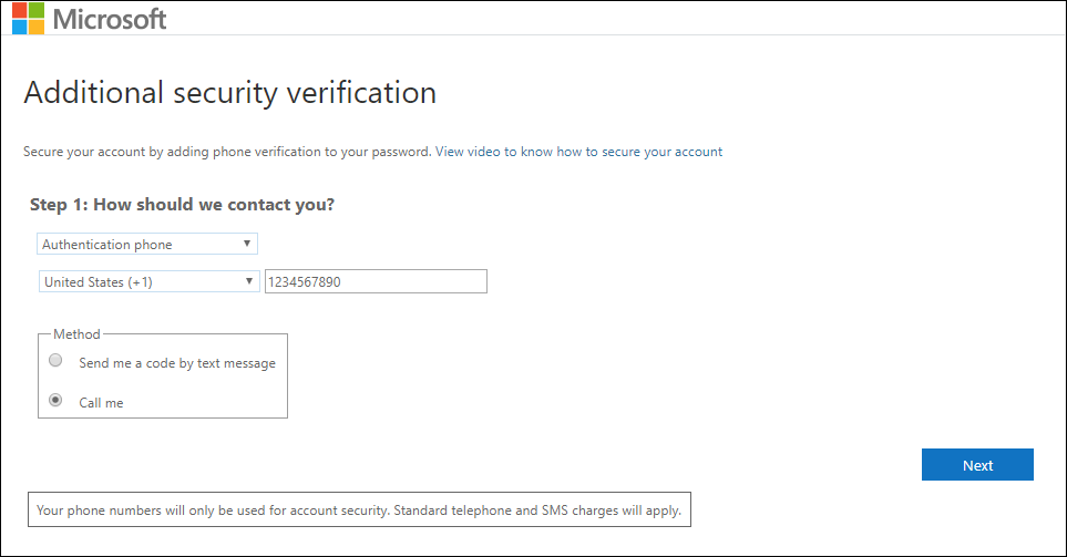 Additional Security Verification screen that has "authentication phone" selected in the dropdown menu, and has "Call me" method selected on the radio buttons.