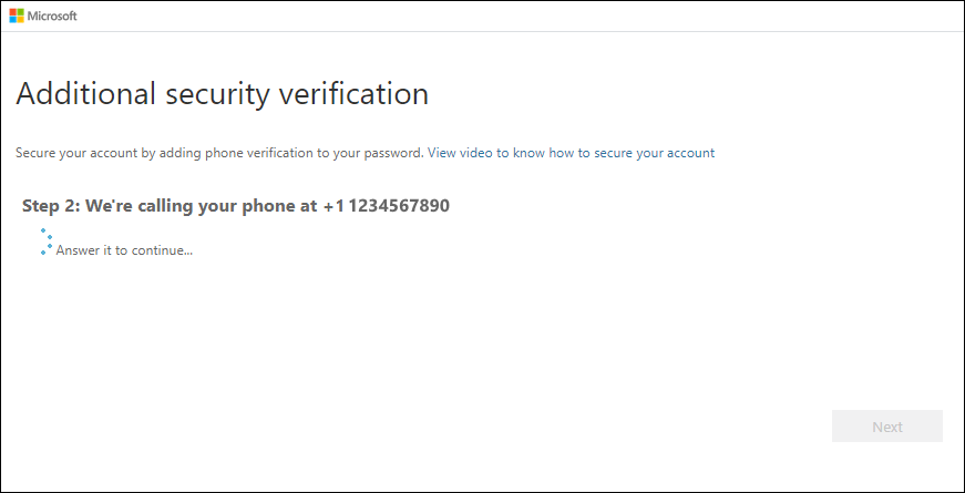 Additional security verification screen indicating that Microsoft is attempting to call the number given on the previous screen.