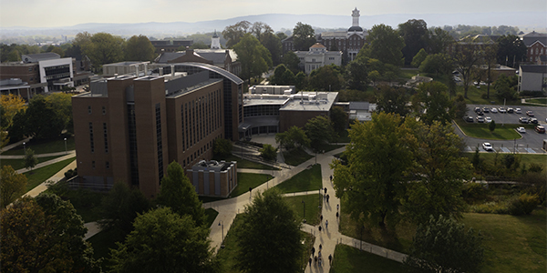 Aeriel view of campus looking south, with Boehm Science Center in the foreground.